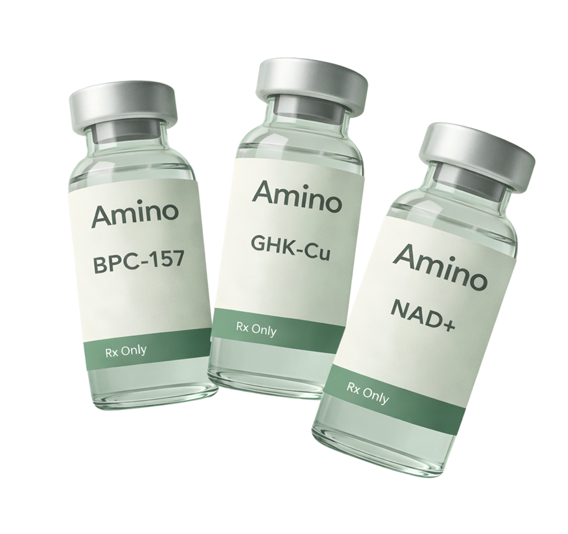 Amino Clinic peptide vials — BPC-157, GHK-Cu, NAD+